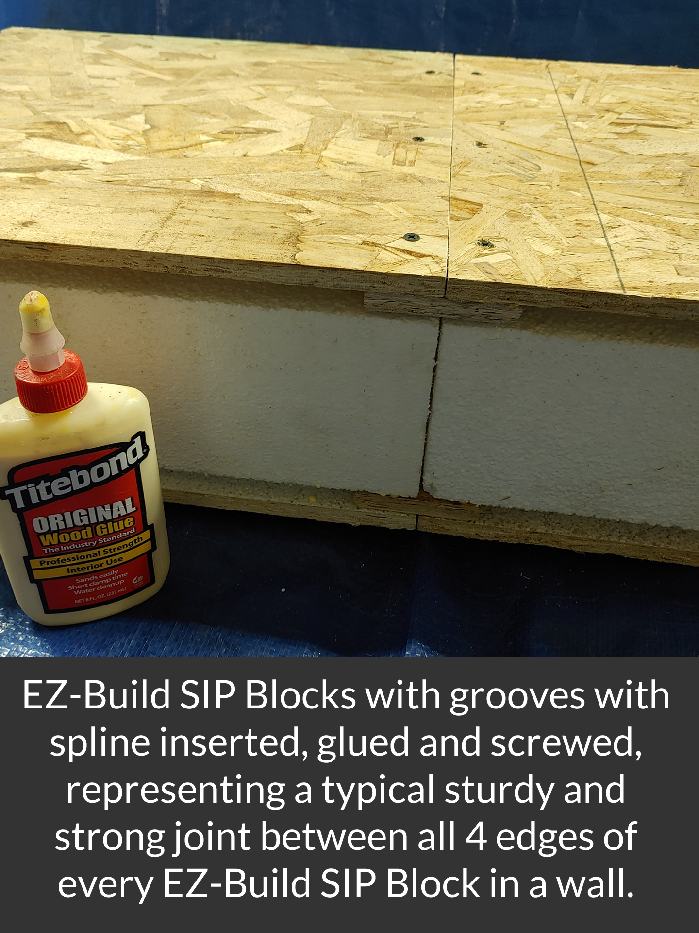 EZ-Build SIP Blocks with grooves with spline inserted, glued and screwed, representing a typical sturdy and strong joint between all 4 edges of every EZ-Build SIP Block in a wall.
